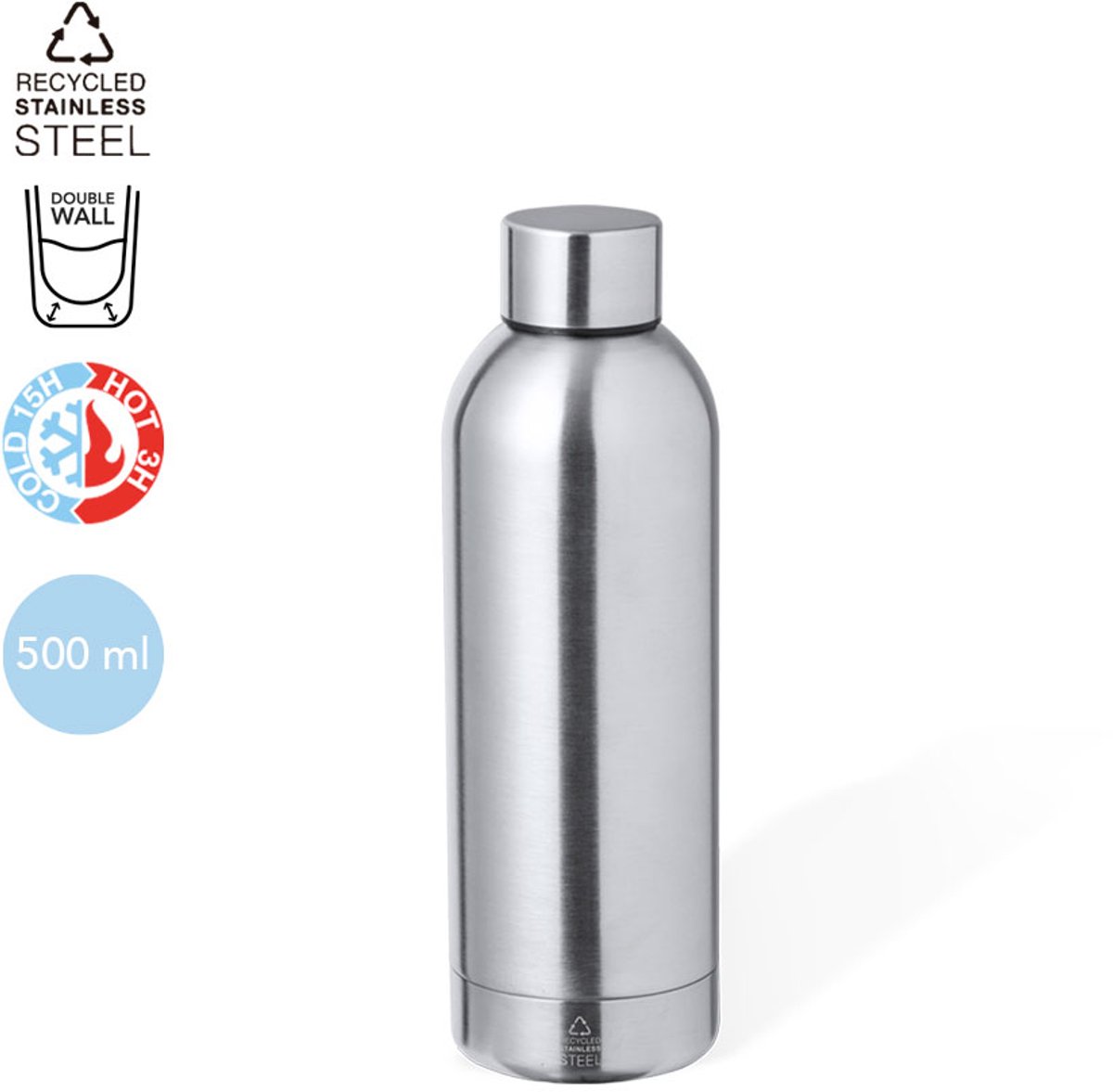 Gerecycleerde roestvrijstalen thermische fles met dubbele laag en een inhoud van 500 ml Hilker Zilver
