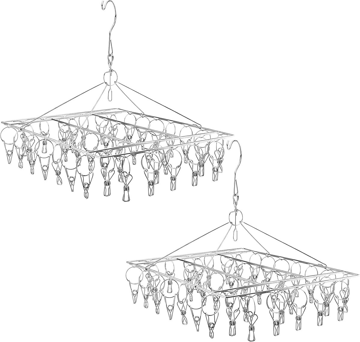 Dailygoods- Sokkendroger set van 2 - Roestvrij Stalen - 35 x 28 cm - Hangend - 40 Klemmen - Ideaal voor Camping/Balkon - Wasrek
