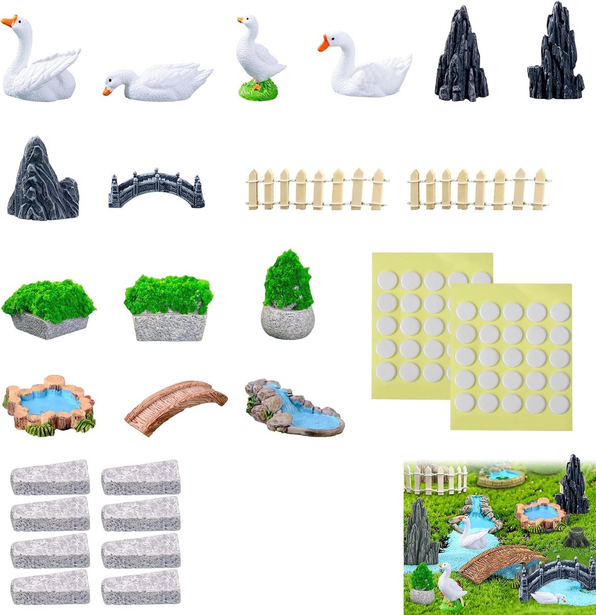Dailygoods- Miniatuur Accessoires 26-delig - Feeëntuin Decoraties - Tuinbeeldjes - Mini Figuren - Bruggen - Natuurlijke Kleuren - Feeëntuin Decoratie