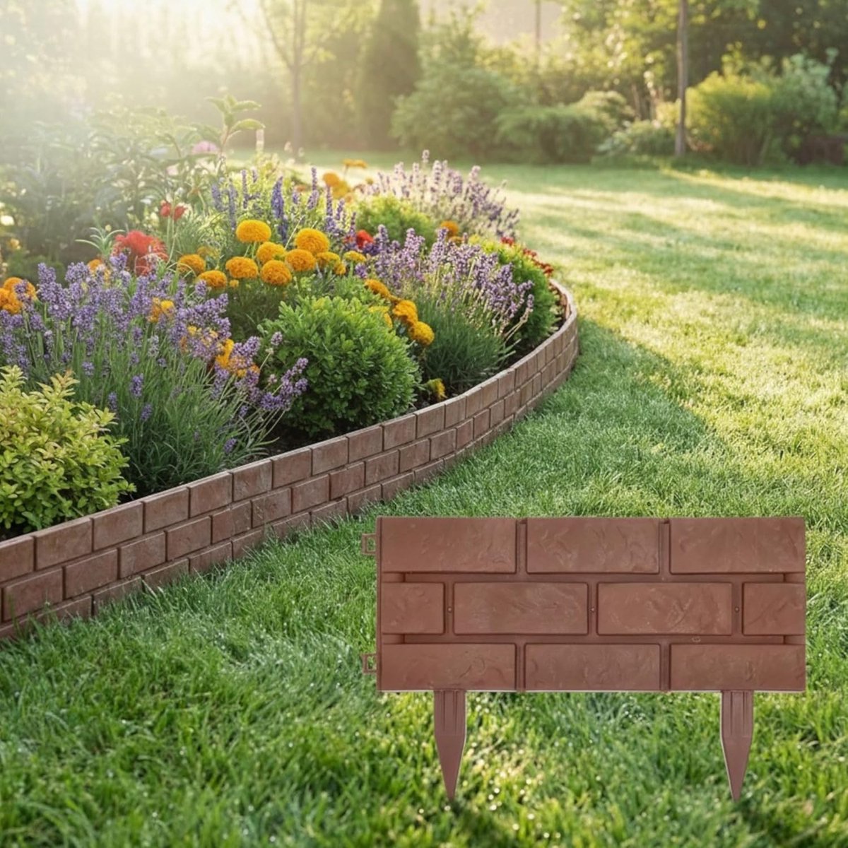 Dailygoods- Beetumranding 170 cm set van 4 - Borderrand in steenlook - Bruin met grondpennen - Voor bloembedden/paden - Modern en natuurlijk design -