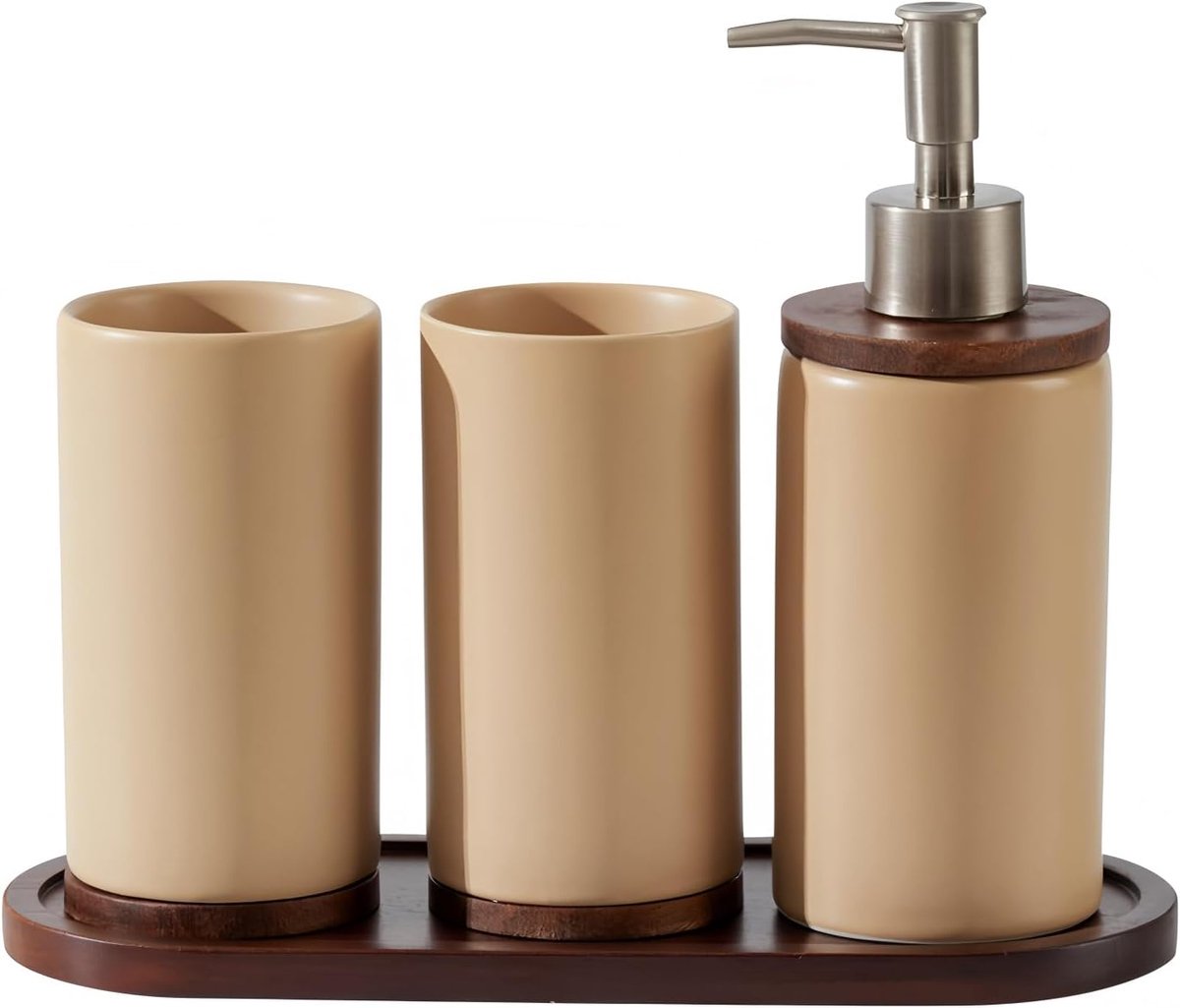 4-delige badkameraccessoireset keramiek, bevat tandenborstelhouder, zeepdispenser, houten tray en tandenborstelbeker