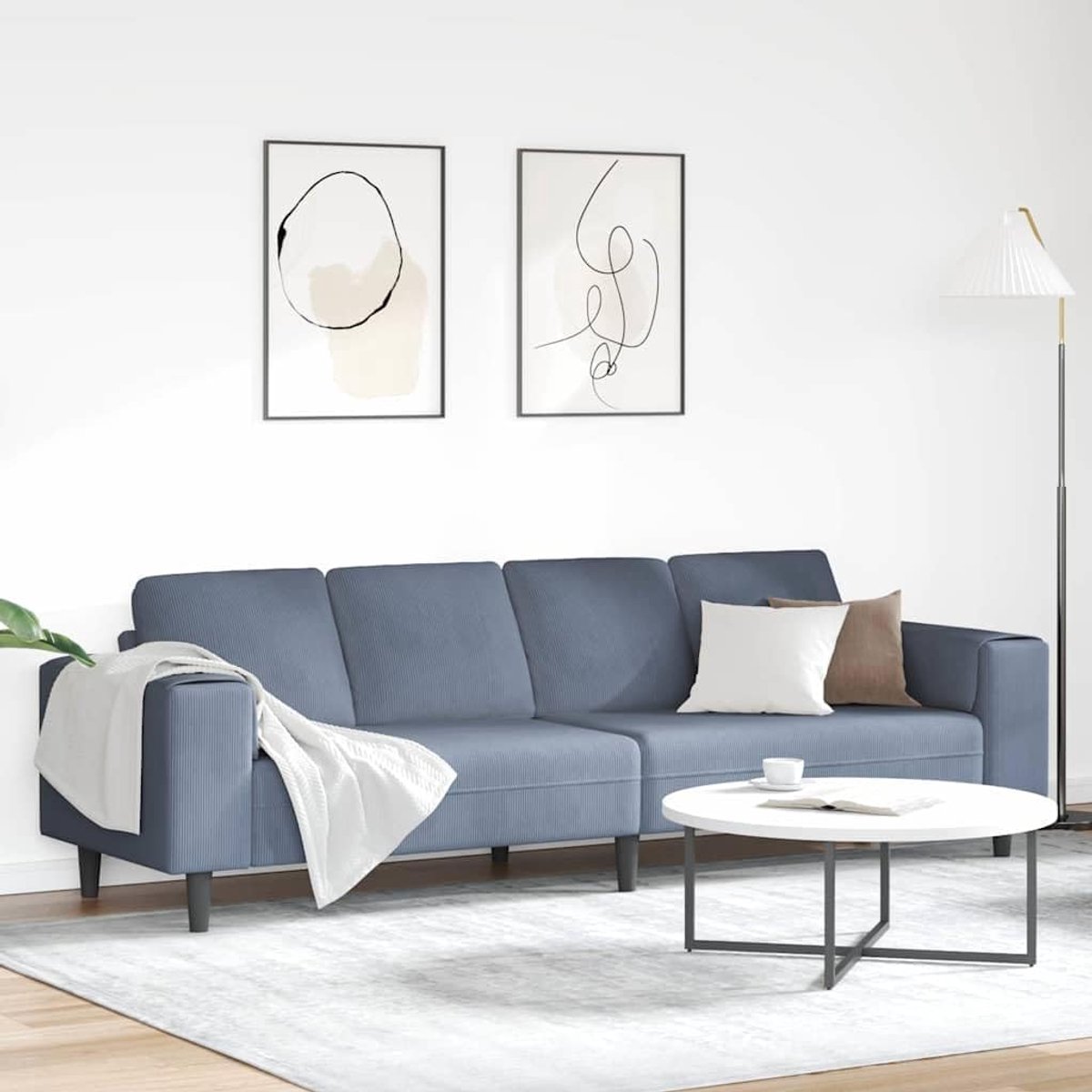 Bank met kussen, blauw, moderne bank, van corduroy, comfortabel en elegant, met houten sokkel, 208 cm, corduroy stoffen