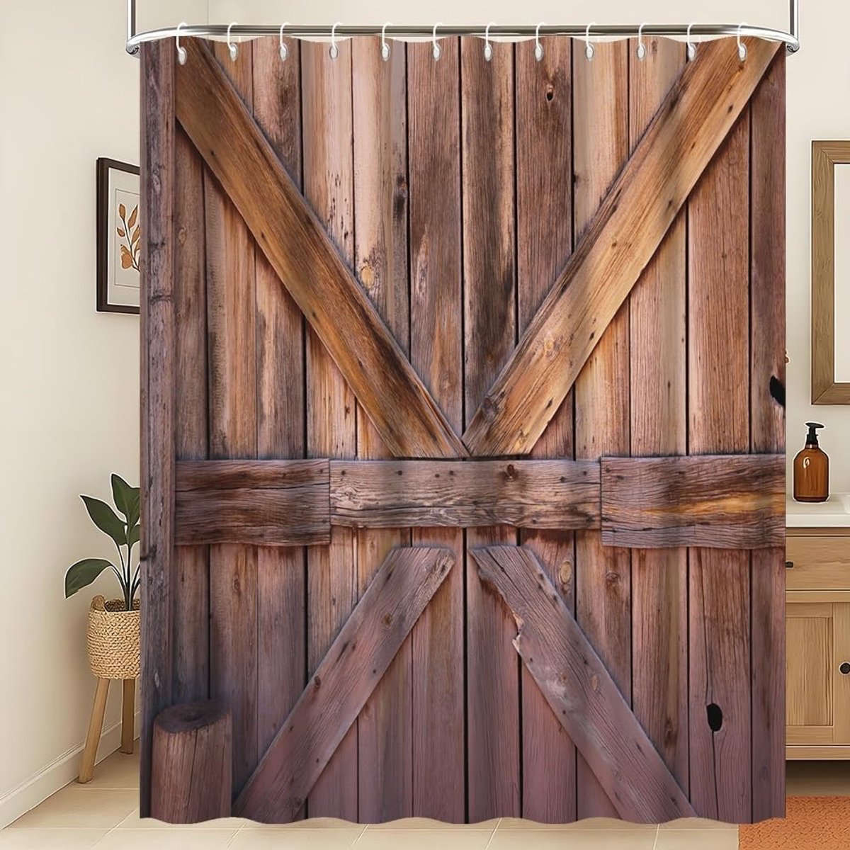 douchegordijn, houten schuurdeur, badkamer gordijn, rustiek bruin houten plank, boerderij, waterdicht, schimmel- en schimmelbestendig, wasbaar badgordijn voor badkamerdecoratie 150 x