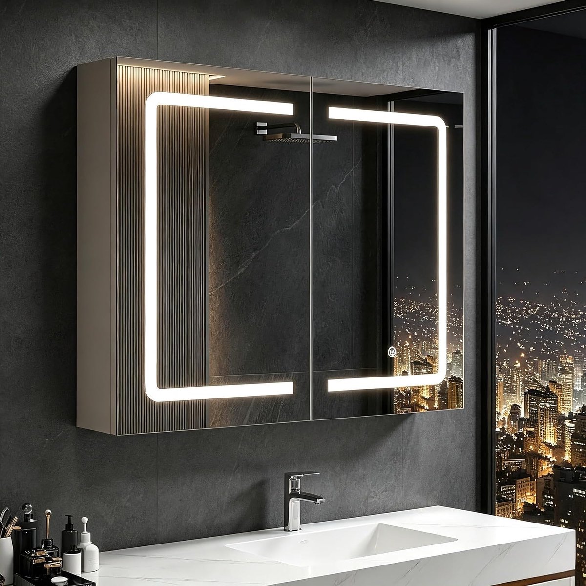 Badkamer met stopcontact en 3 kleurtemperaturen, HD anti-condensspiegel met 2 verstelbare planken & touch-sensor [energieklasse E] (MDF (E1) en gehard glas, 80 x 60 x 13,5 cm)