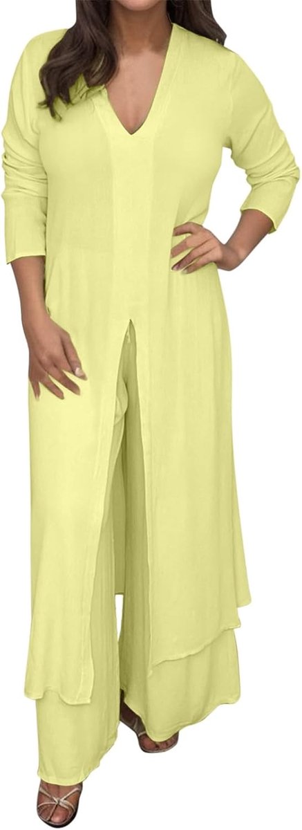 Dames casual plus size V-hals lange mouwen chiffon hemd strandpak split lange top + broek pak blouse onderaan