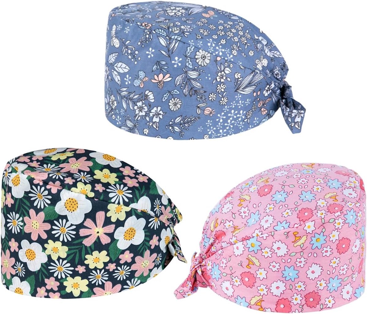 Pakket van 3 verstelbare chirurgische mutsen - katoenen werkmutsen met bloemenprint, unisex stofbeschermende mutsen voor verpleegkundigen, artsen en zorgprofessionals