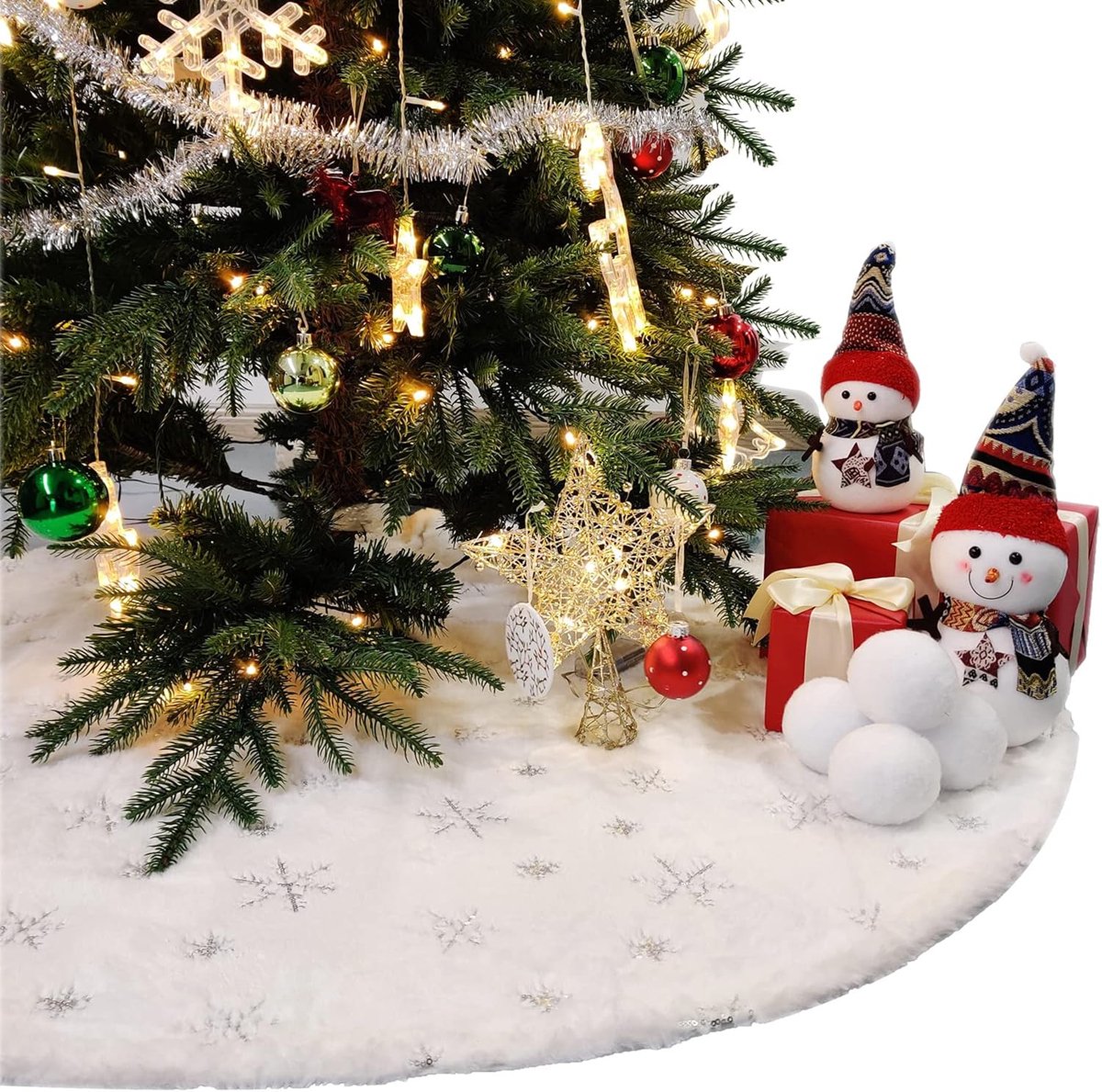 kerstboomrok 48 inch witte kunstbont boomrokken pailletten sneeuwvlokken Kerstmis imitatiebont boomrokken voor kerstboom vakantie feestdecoraties