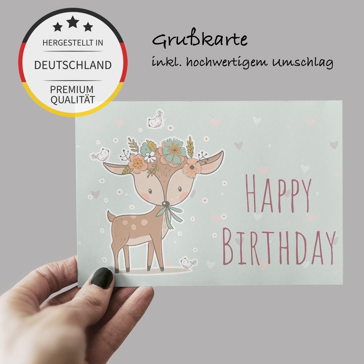 1 premium verjaardagskaart Happy Birthday, 18 x 12 cm, met witte envelop, dierenmotief, hertkaart voor verjaardag, felicitatiekaart, Happy Birthday-kaart