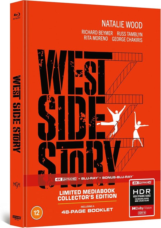 West Side Story 4K UHD + Blu-ray Collector's Mediabook met artwork van dansers op een brandtrap, in de kleuren zwart en rood.