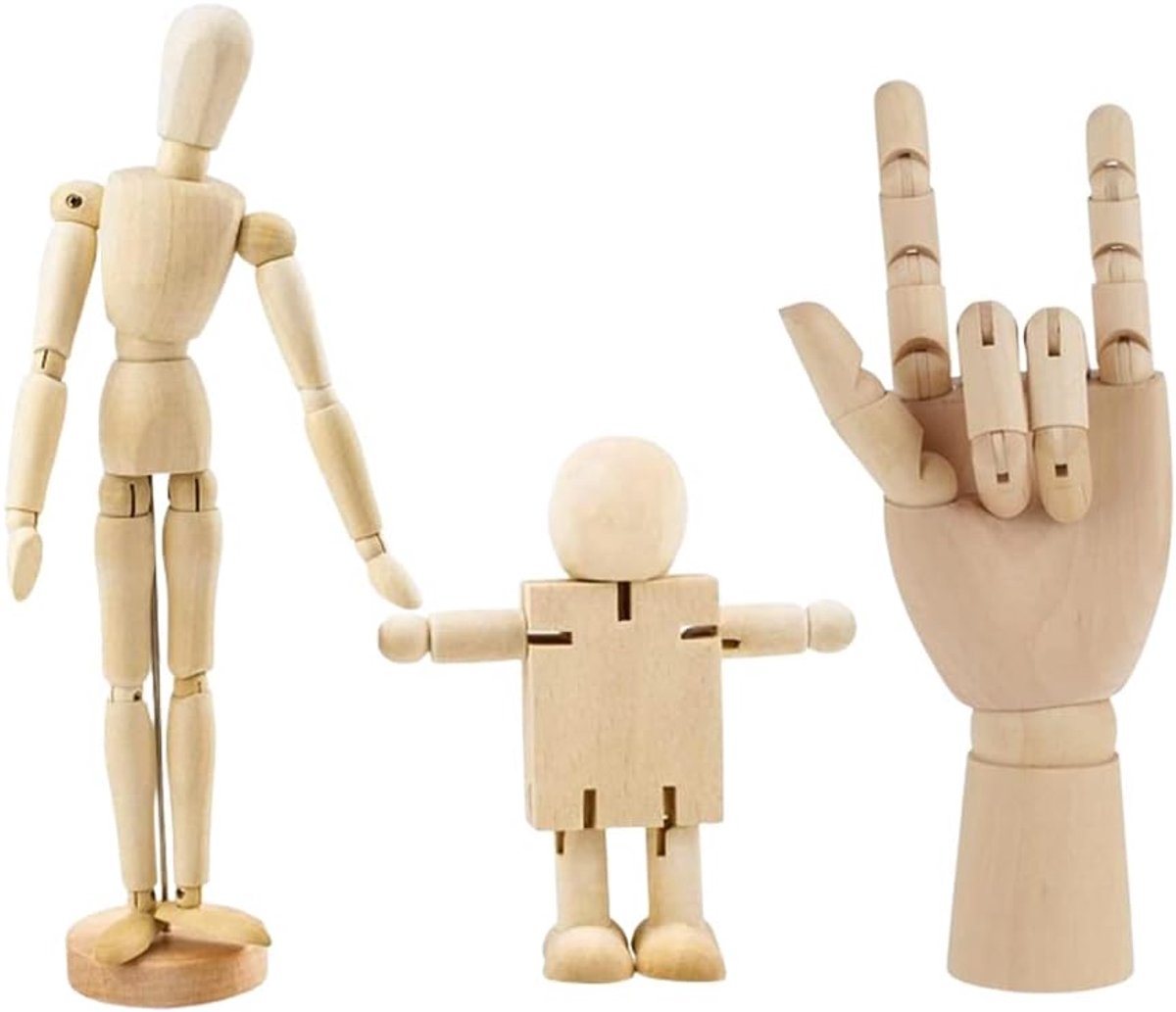 3 stuks houten figuren voor heren, pegfiguren van hout, etalagepop om te tekenen, hout voor het versieren van de pop, houten hand links, voor schilderen, desktopdecoratie, verjaardagscadeau