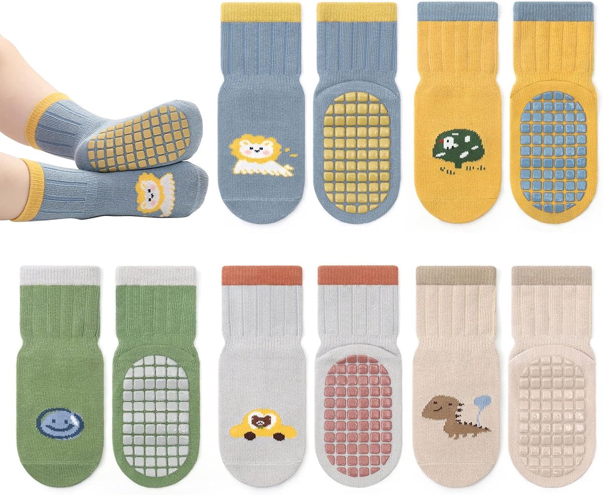 Sokken voor kinderen, 5 paar, katoen, antislip, voor meisjes en jongens, cartoondieren, voor 0-5 jaar