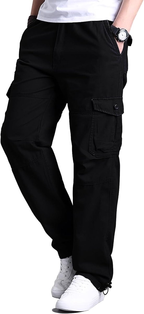 Cargobroek voor heren, van katoen, cargobroek met 7 zakken, elastische taille, vrijetijdsbroek, zwart, XL
