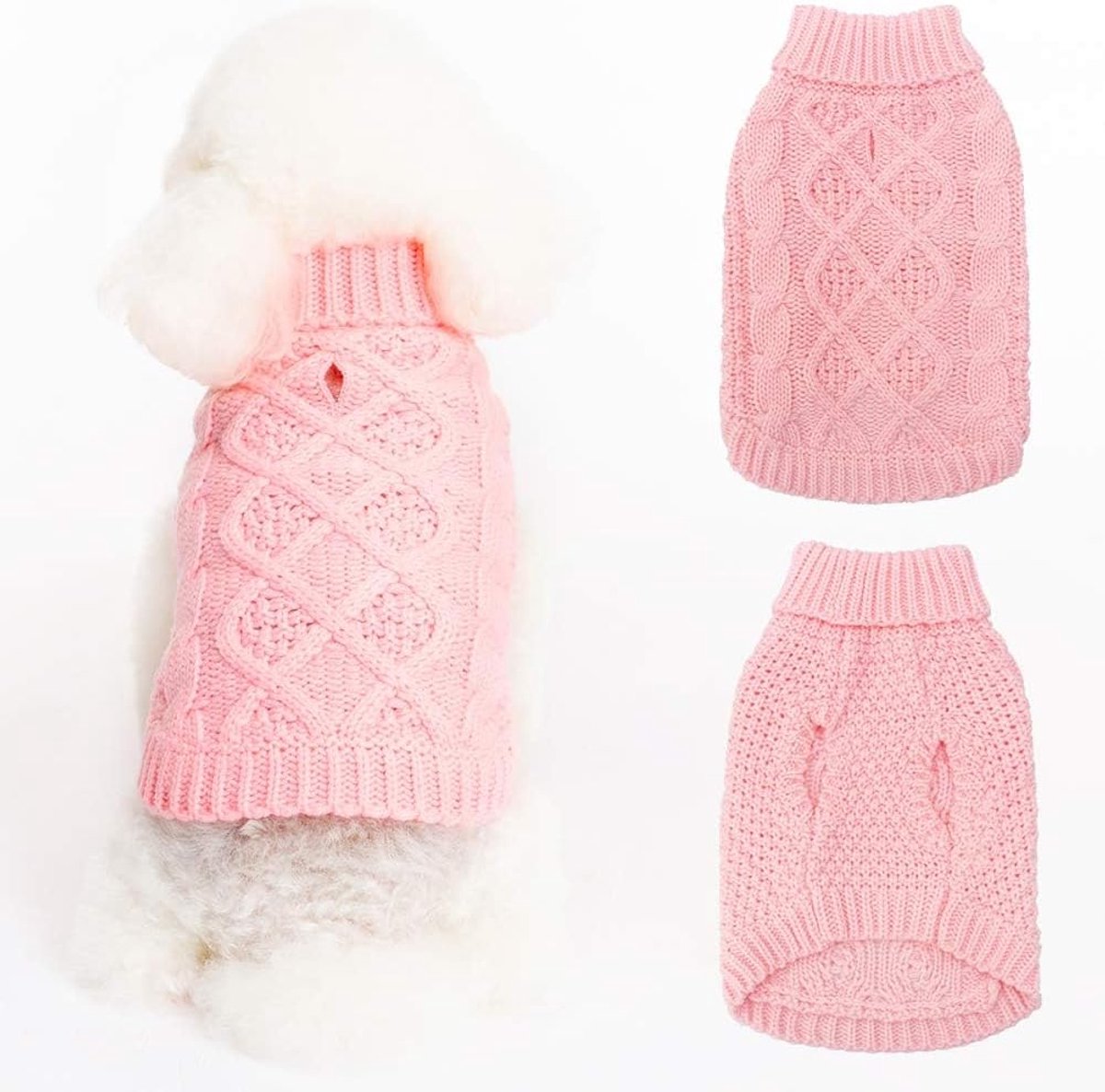 Hondentrui met rolkraag - hondentrui winterjas kleding klassieke kabelgebreide kleding met riemgat voor koud weer