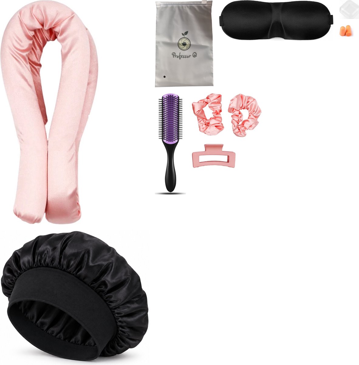 Professor Q Heatless Curls Set - Heatless Curlset met 2 Elastiekjes en Klem - Bonnet Zwart - Purple Black Borstel - Slaapmasker Zwart