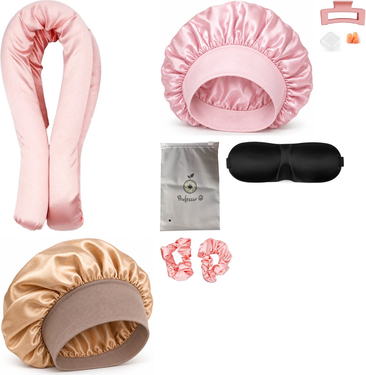Professor Q Heatless Curls Set - Heatless Curlset met 2 Elastiekjes en Klem - Bonnet Roze - Bonnet Goud - Slaapmasker Zwart