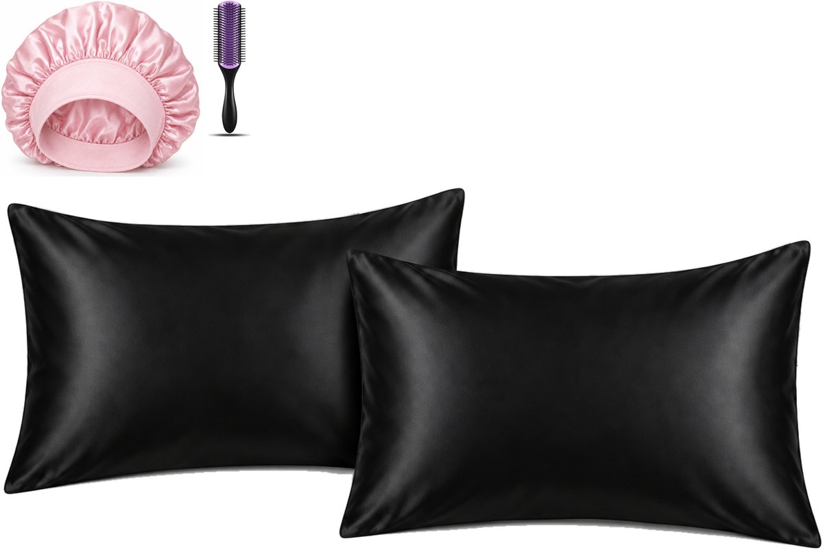 Professor Q Haar- en Slaapset - 2 Kussenslopen Zwart 60 x 70 cm - Bonnet Roze - Purple Black Borstel