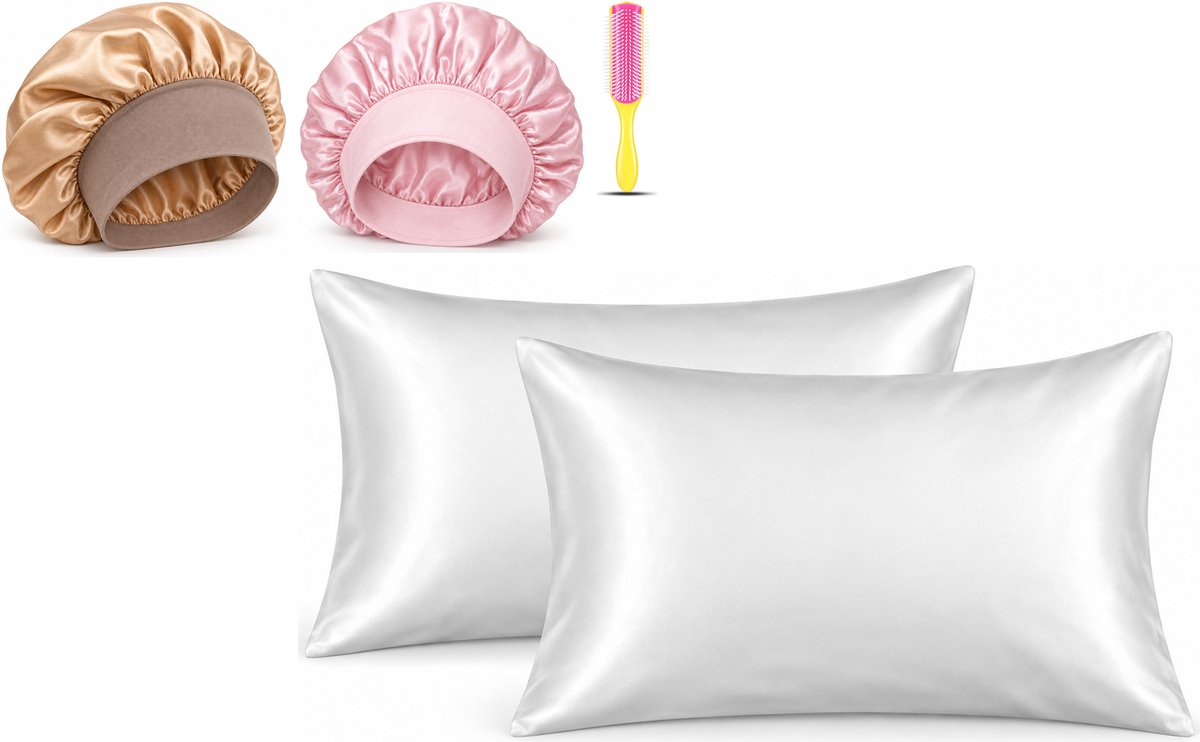 Professor Q Haar- en Slaapset - 2 Kussenslopen Wit 60 x 70 cm - Bonnet Roze - Bonnet Goud - Fusion Pink Borstel