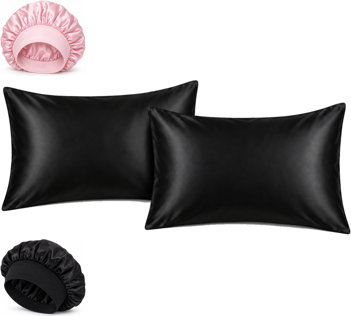 Professor Q Haar- en Slaapset - 2 Kussenslopen Zwart 60 x 70 cm - Bonnet Roze - Bonnet Zwart