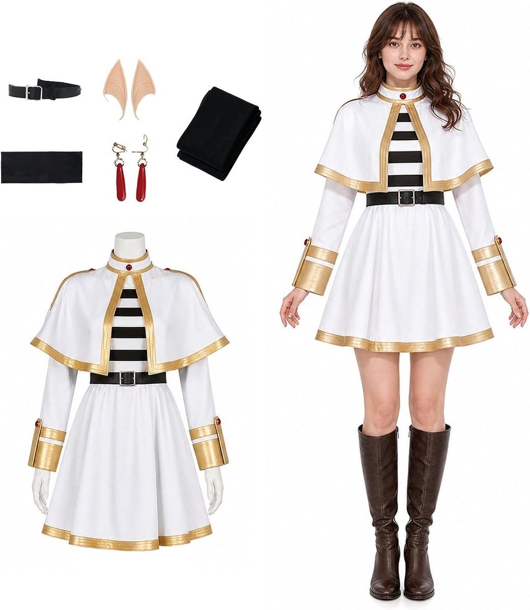Cosplay, anime-kostuum voor dames, cosplay uniform, volledige set met jurk, cape, panty, elfenoren, Halloween, party, carnaval, verkleedpak