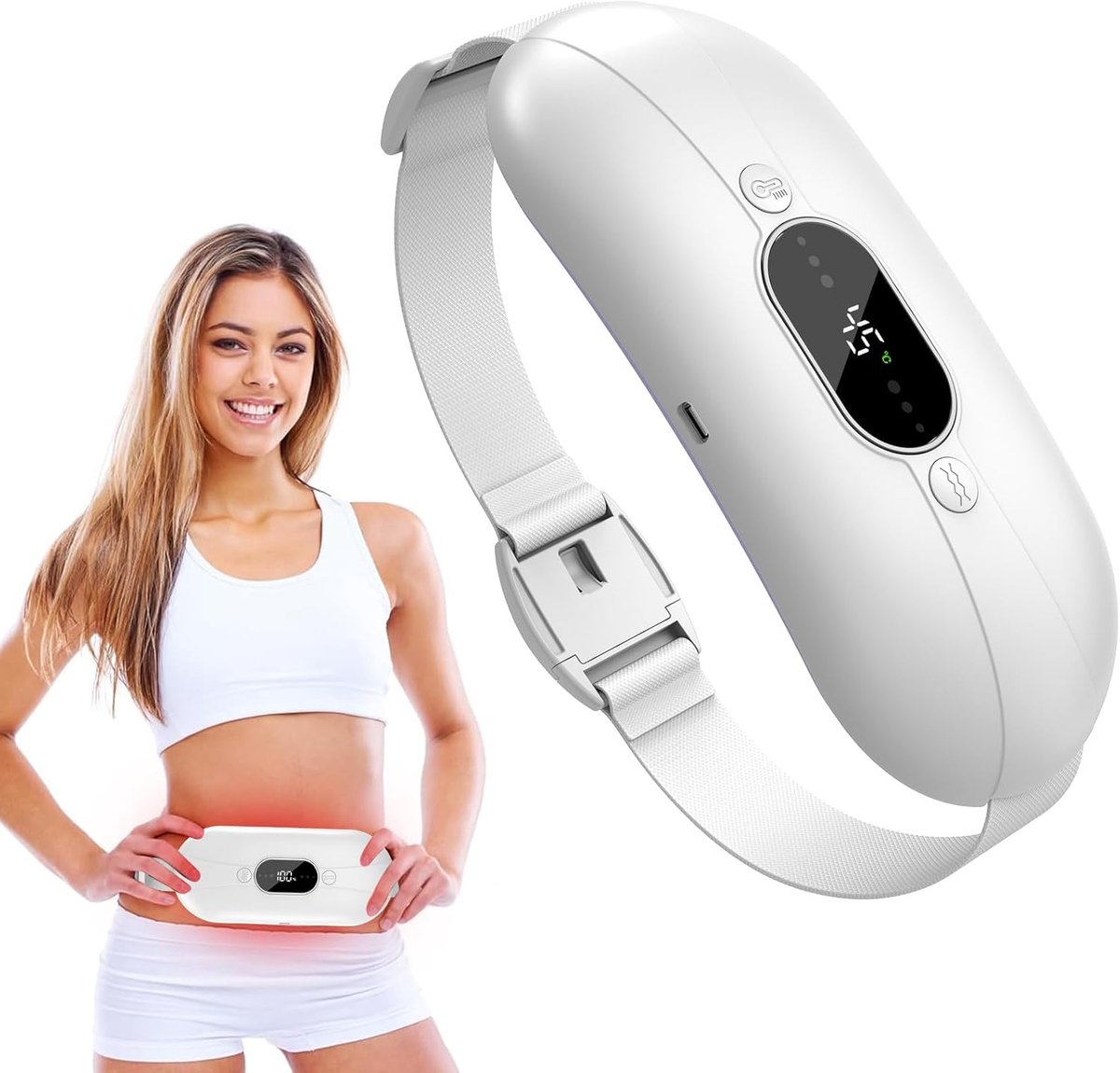 Menstruatiekussen, USB-buikwarmer Verwarmingsriem, 3 warmtestanden en 3 massagemodi, verwarmde rugsteun ter verlichting van menstruatieklachten (Wit-A)