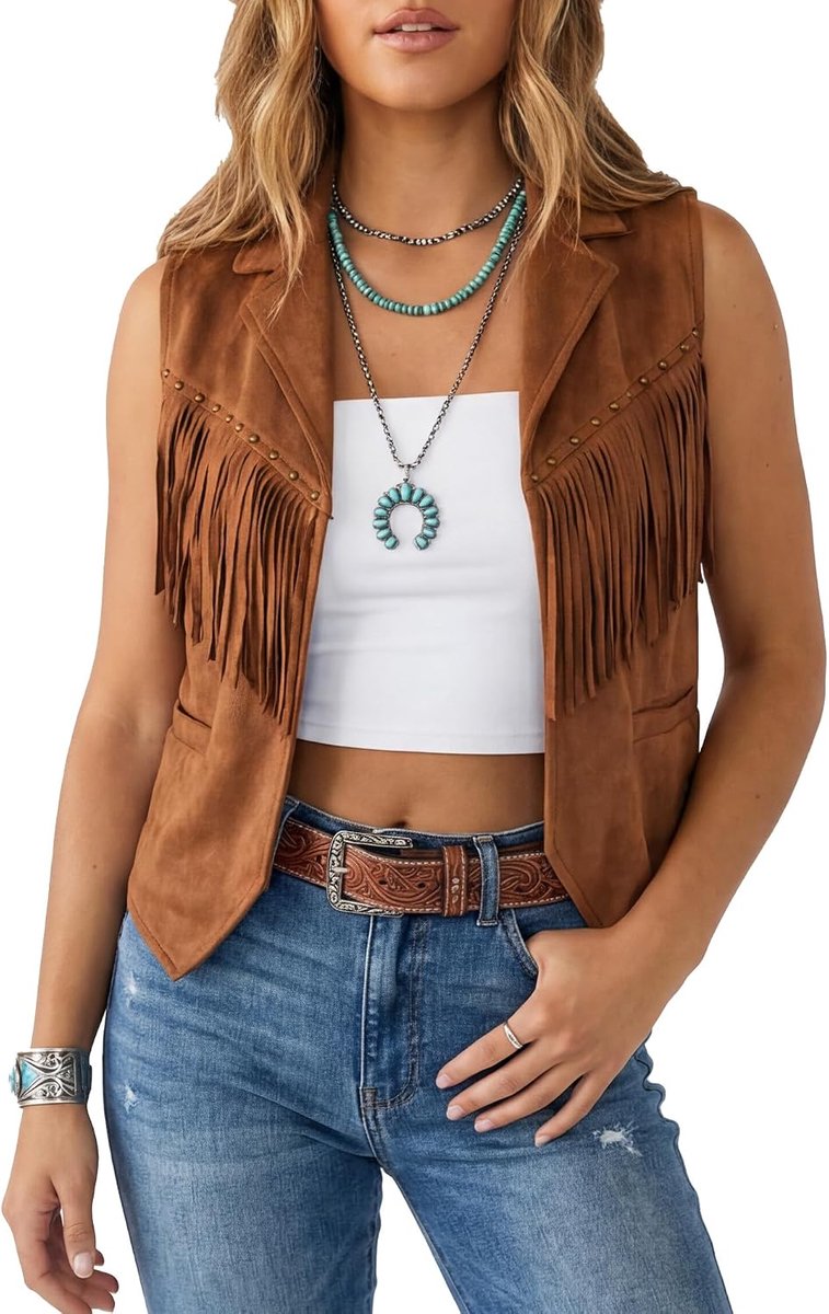 Suède vest hippie vest met franjes mouwloos vintage jas elegante korte franjes jassen Oktoberfest carnaval kostuums disco outfit