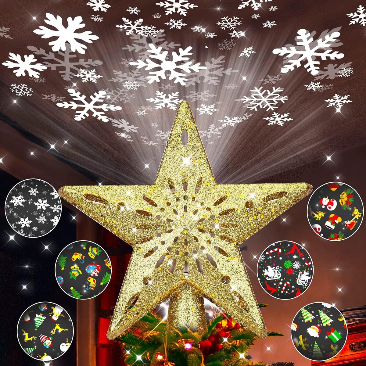 Verlicht, 6 projectiemodi engel sneeuwvlok ster kerstboomdecoraties, kerstversiering voor boom, roterende kerstboomstandaard (ster)