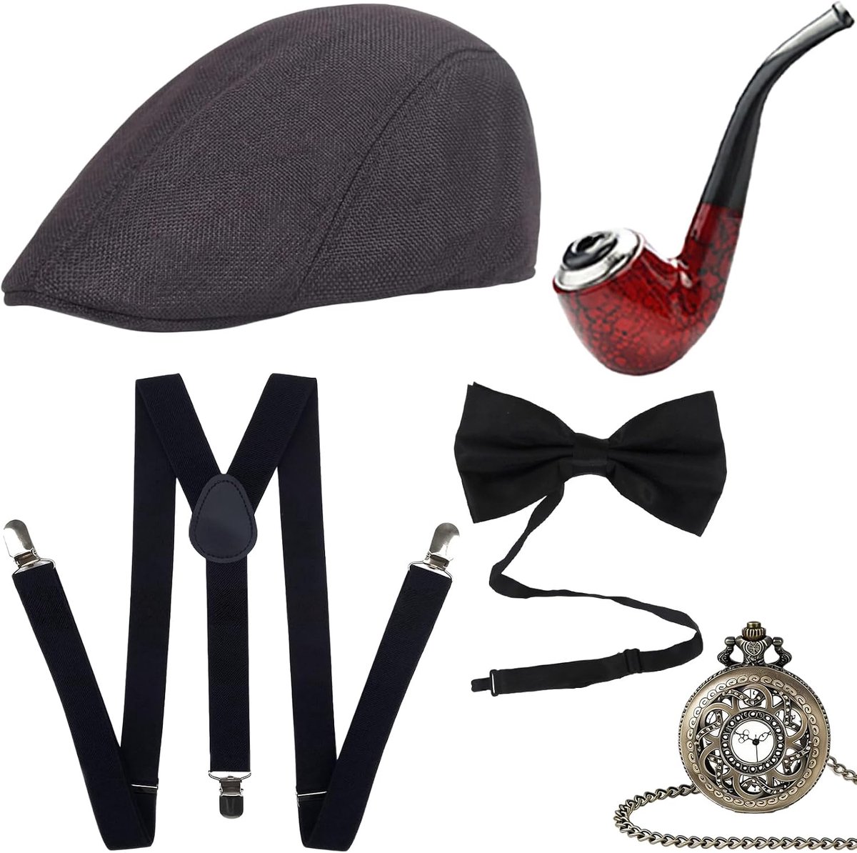 5 Stuks Accessoires voor mannen uit de jaren 20, Mafia kostuum heren, Inclusief Gangster met verstelbare panamahoed, Verstelbare elastische bretels, Vlinderdas en zakhorloge, Feest accessoires