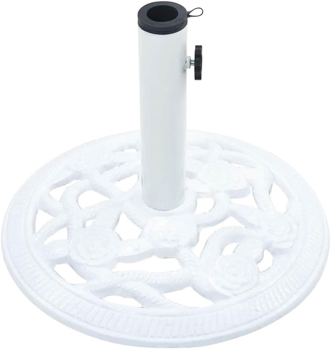 Parasolvoet van gietijzer, wit, 9 kg, 40 cm, voor masten van 35/38/48 mm, robuuste en stabiele parasolvoet met verstelbare klemknop voor diameters 32/34/38 mm, ruimtebesparend