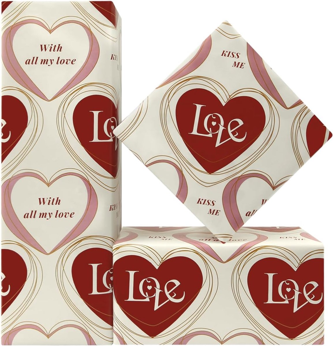 inpakpapier voor Valentijnsdag, liefdeshart, kus, geschenkpapier, 4 gevouwen plat 50 x 70 cm per vel voor bruiloften, bruidsdouches, verjaardag, verloving, Valentijnsdag