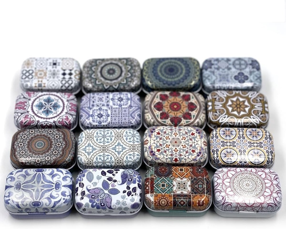 Set van 8 kleine rechthoekige metalen scharnierdozen voor snoep, sieraden, 6 x 4 x 2,5 cm (etnisch motief)