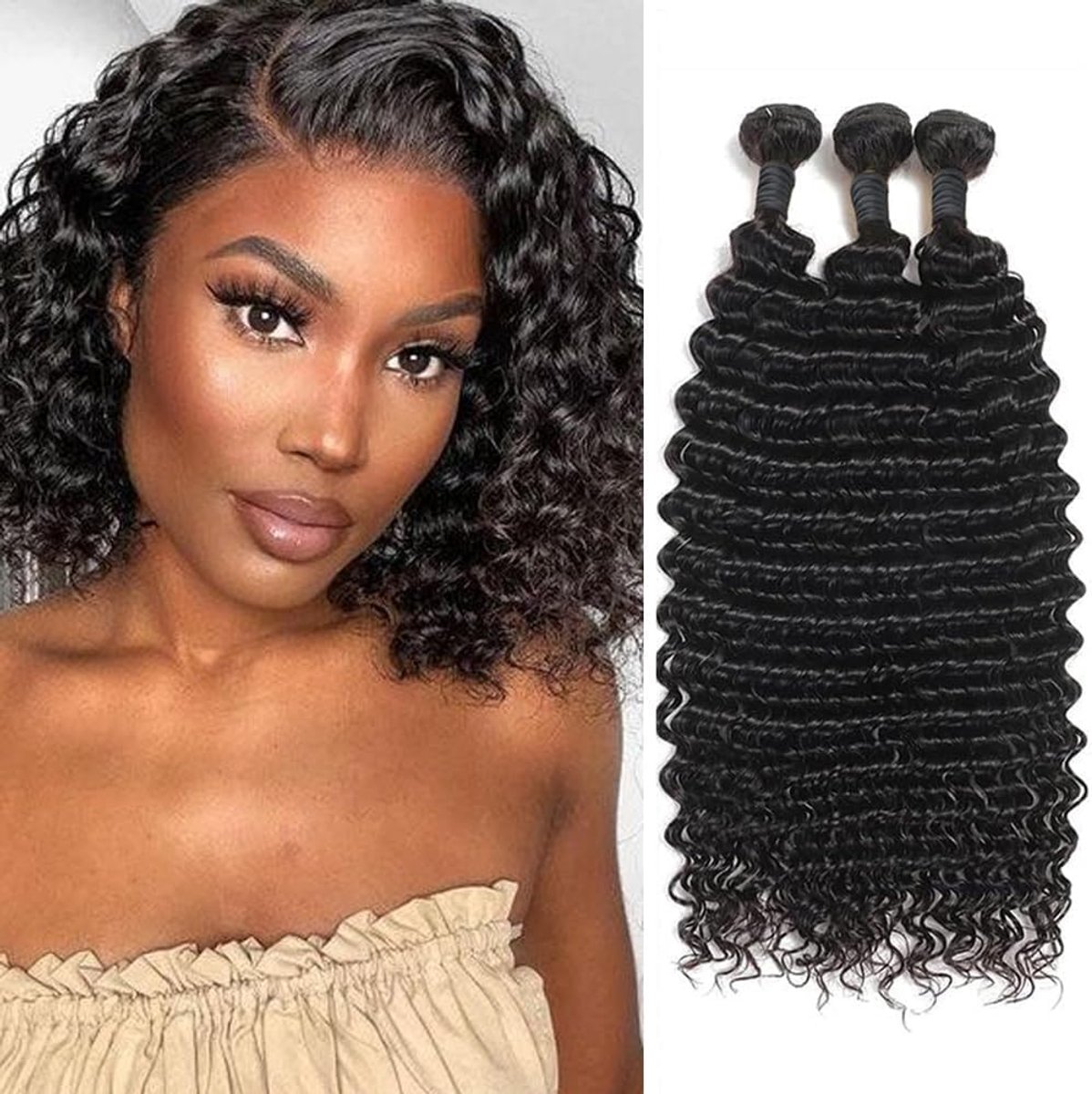 Wave Human Hair Bundles (12 14 16 Inch) 3 Bundles Krullend Braziliaans Menselijk Haar Bundels Human Hair Weft Extension Natural Color 70g/Bundle (Total 210g)