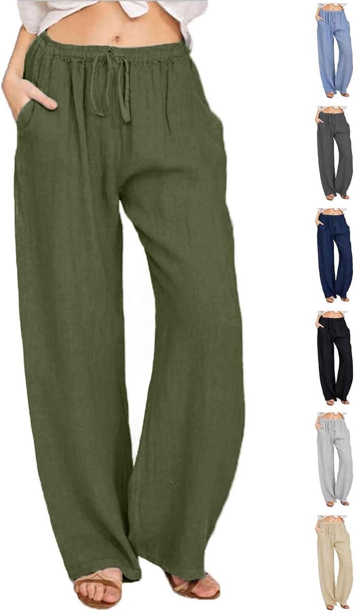 Damesbroek, linnen broek met trekkoord en zakken, casual, effen, zomerbroek, losse vrijetijdsbroek, joggingbroek