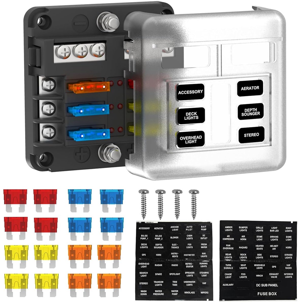 Zekeringhouder voor auto, 6 stuks, 12 V, zekeringkast, platte zekering, ATC/ATO 16 zekeringen, zekeringhouder met led-display voor auto, boot, camper, caravan