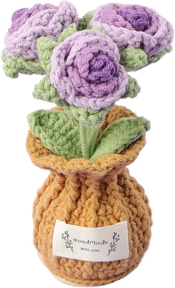 Gehaakte bloemboeket in vaas, paarse gehaakte rozen, gebreide rozen in pot, handgeweven bloemen voor thuiskantoor, tafelstuk, middenstuk, verjaardagscadeaus
