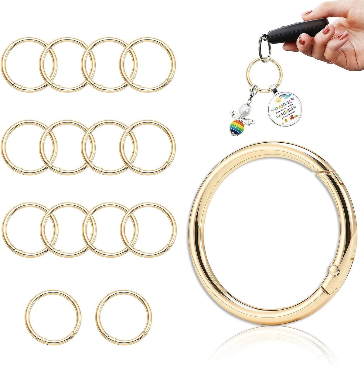 15 stuks ronde karabijnhaken O-ring met veersluiting, metalen veersplitringen, ronde sleutelhangers, kliksluiting, accessoires, voor handtassen, sleutelringen en doe-het-zelf (goud, 32 mm)