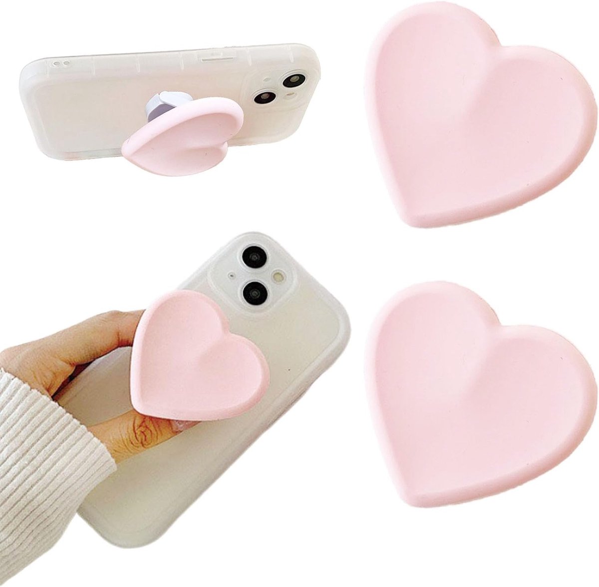 Set van 2 inklapbare hartvormige telefoonhouders, 360 graden draaibaar, geschikt voor een groot aantal mobiele telefoons/telefoonhoesjes (hartvormige handgreep, horizontaal/verticaal gebruik) (roze)