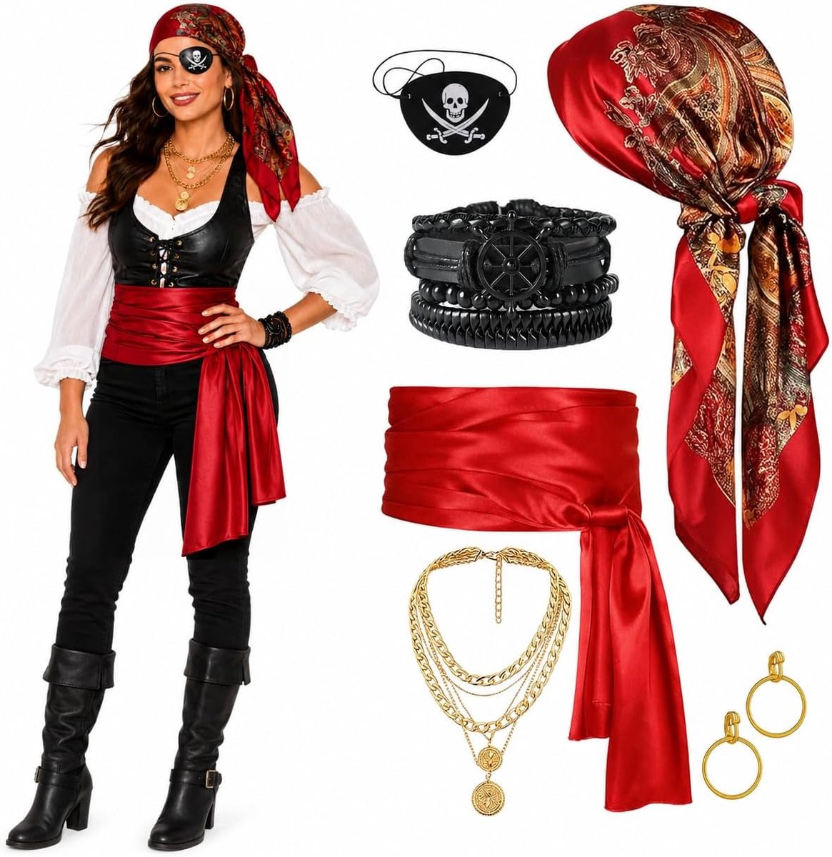 Set van 7 piratenkostuumaccessoires voor dames voor Halloween en carnaval