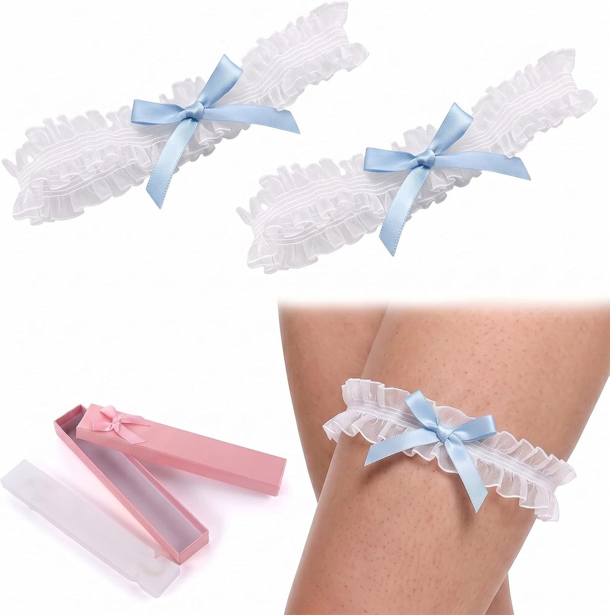 2 stuks witte kousenbanden van kant met hemelsblauwe strik, elastische en verstelbare bruiloftsaccessoires (30-60 cm), inclusief geschenkdoos voor bruid en vrijgezellenfeest