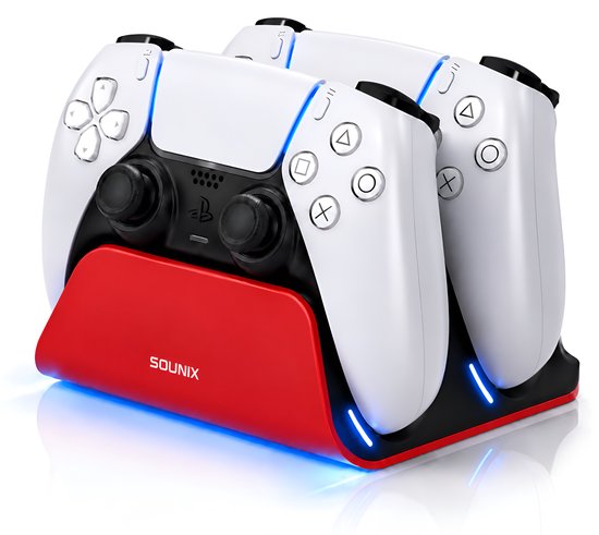 Wit DualSense laadstation voor controllers met rode basis en blauwe LED-verlichting.