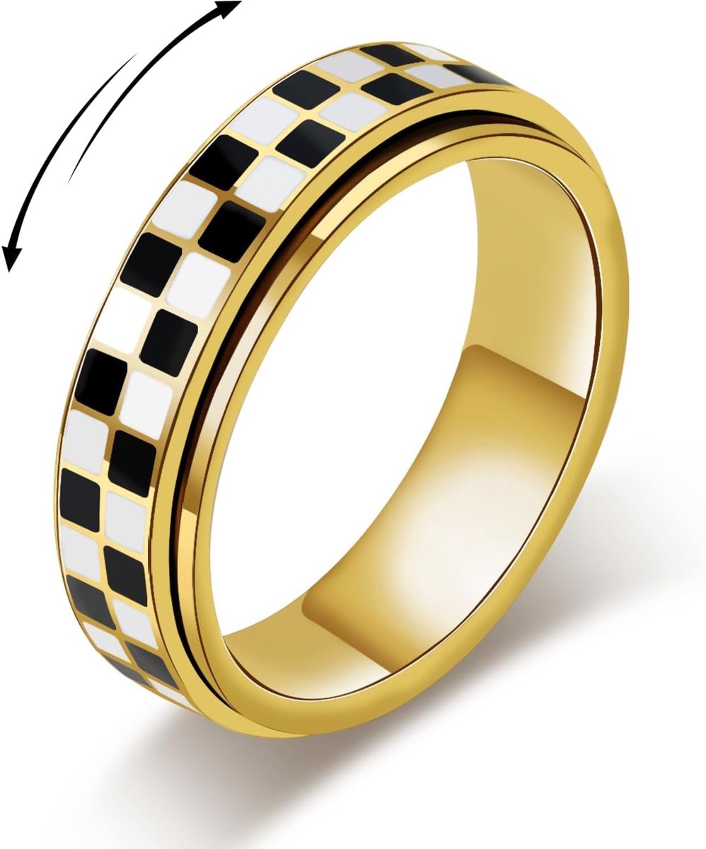 Fidget-ring voor dames, 18K verguld roestvrij staal, spinner-ringen, zwart-wit, schaakbord, roterende ring, angst en stressvermindering, cadeau voor dames en heren