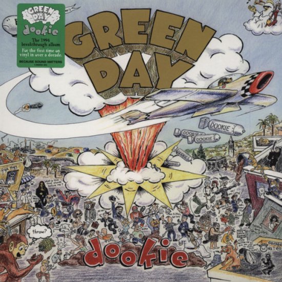 Albumhoes van Green Day's "Dookie" met een cartoonachtige illustratie van een explosie met een vliegtuig en veel kleine figuren.