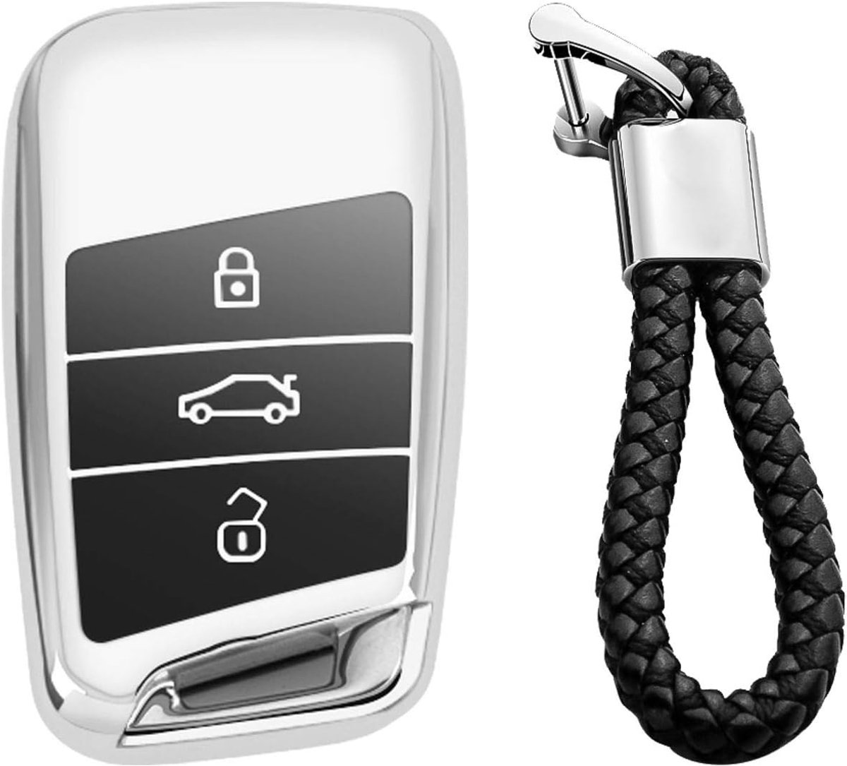 Zacht TPU Sleutelomhulsels Autosleutel Cover Hoesje Voor Volkswagen Arteon Atlas Golf Alltrack Jetta Passat Voor Tiguan Voor Skoda Kodiaq Superb A7 - Glanzend Zilver - Weven Sleutelhanger