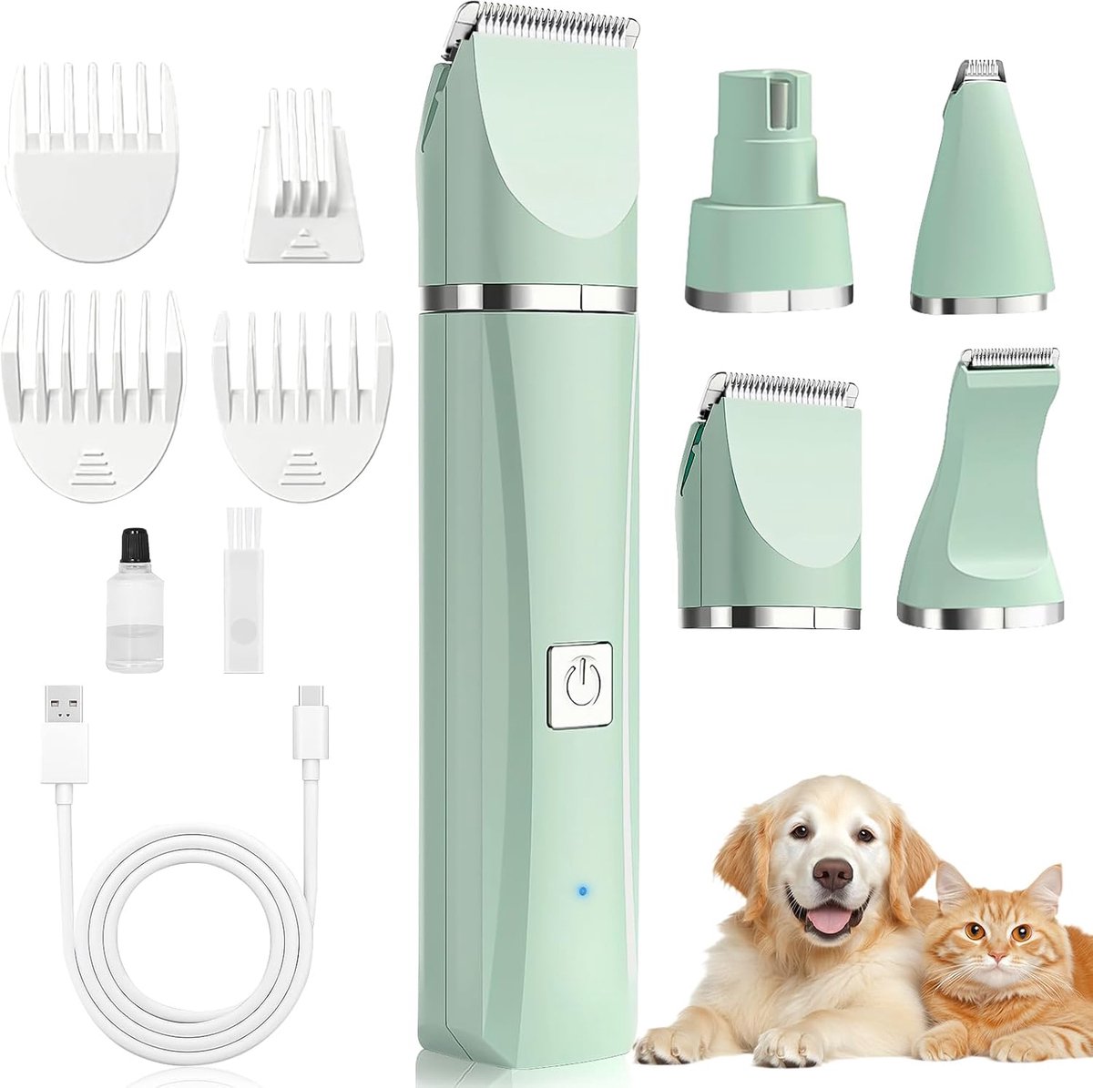 4-in-1 tondeuse voor dieren, stil en draadloos (groen), oplaadbaar, USB, 4 accessoires, voor katten, honden en andere dieren (poten, ogen, oren, gezicht), tondeuse voor honden