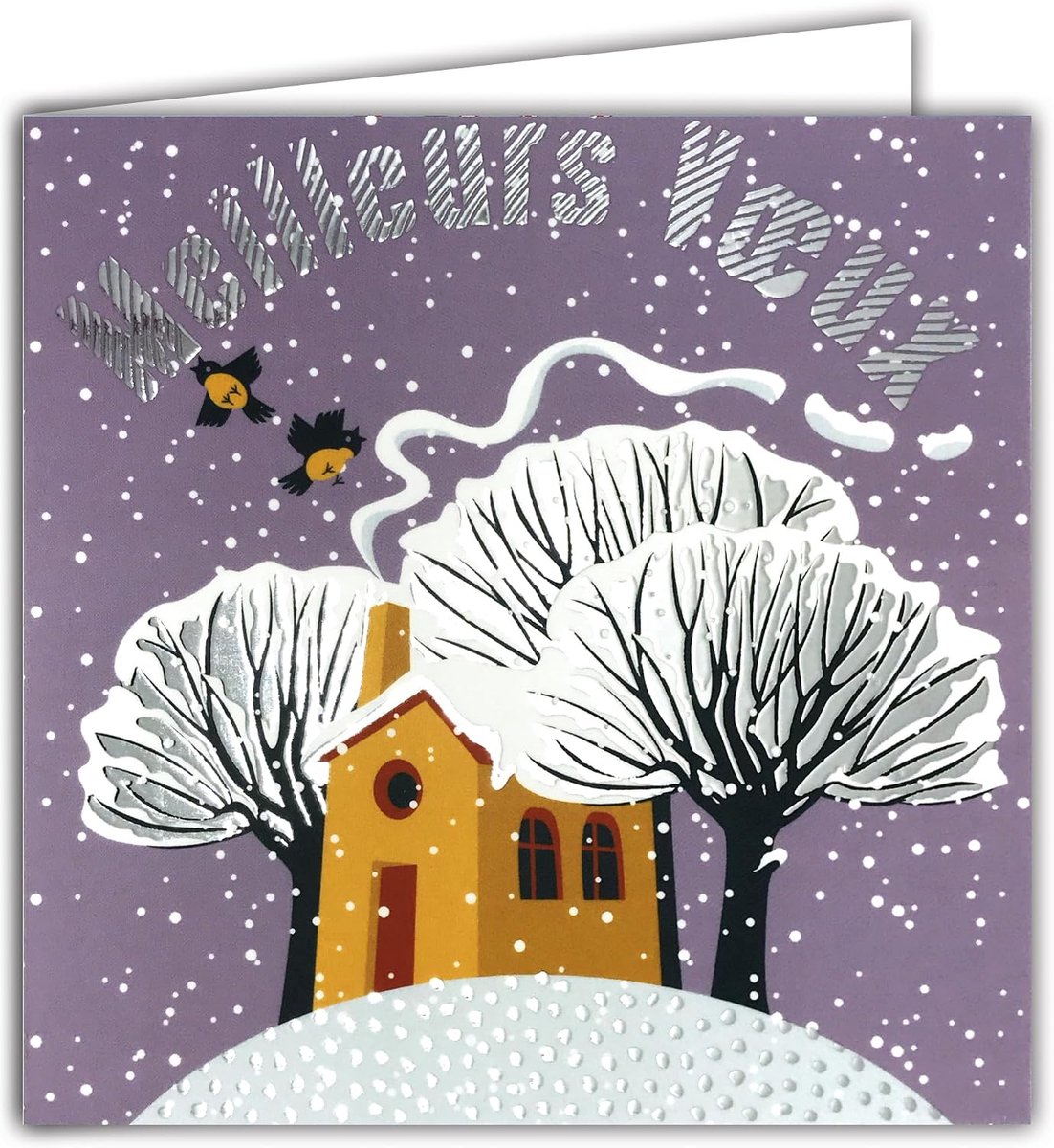 Kaart beste wensen zilver glanzend met witte envelop 15 x 15 cm - besneeuwd landschap winter vogels huis geel bomen zonder blad open haard kerstman feesten Gelukkig Nieuwjaar - Gemaakt in