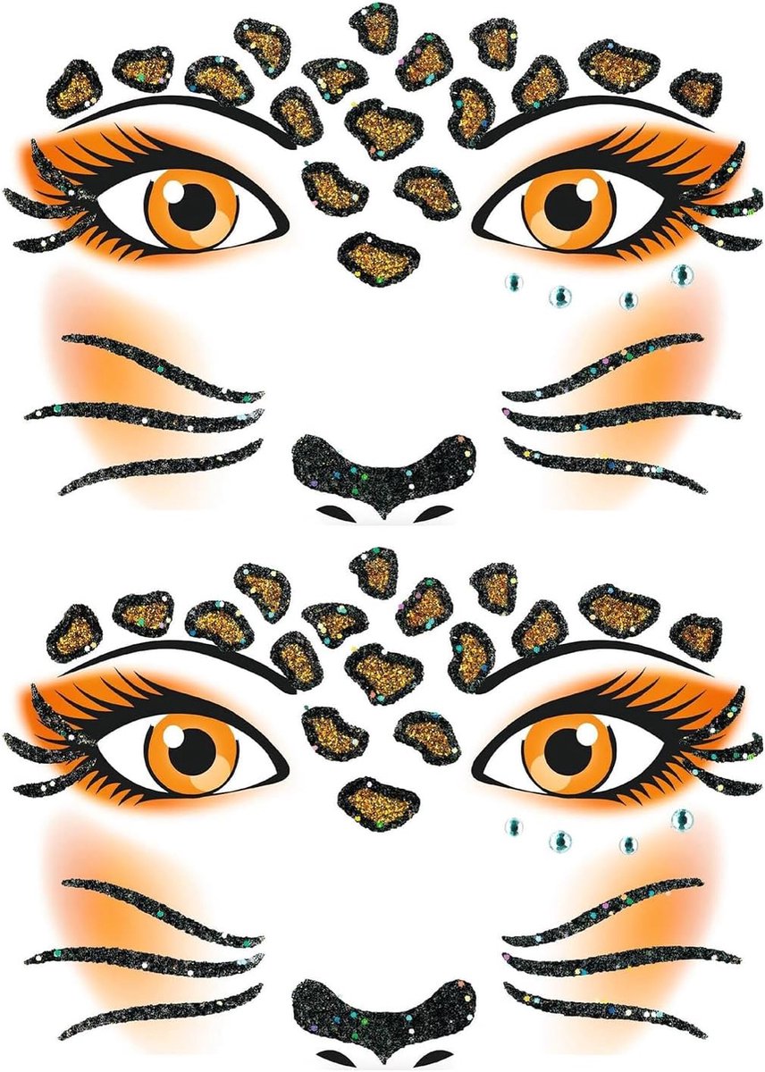2 stuks luipaard-tatoeages, herbruikbaar, luipaard, make-up, gezichtstatoeage, Halloween, unieke stijl voor Halloween, cosplay, podiums, make-up, muziek, festival