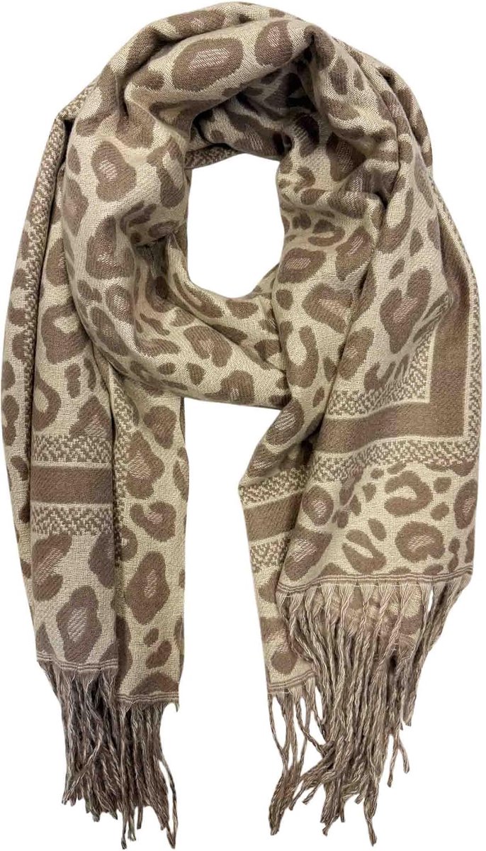 luipaard winter herfst sjaal stola doek overgangssjaal wol katoen met franjes Leo