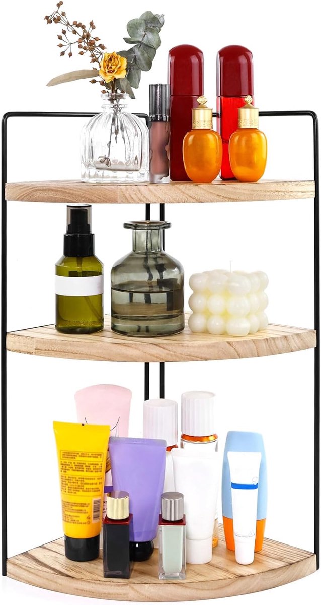 Hoekrek voor aanrecht, badkamer, natuurlijk hout, rek met 3 niveaus voor wastafel, wastafel, keuken, make-up, kantoor, ruimtebesparende opslag, eenvoudig te monteren