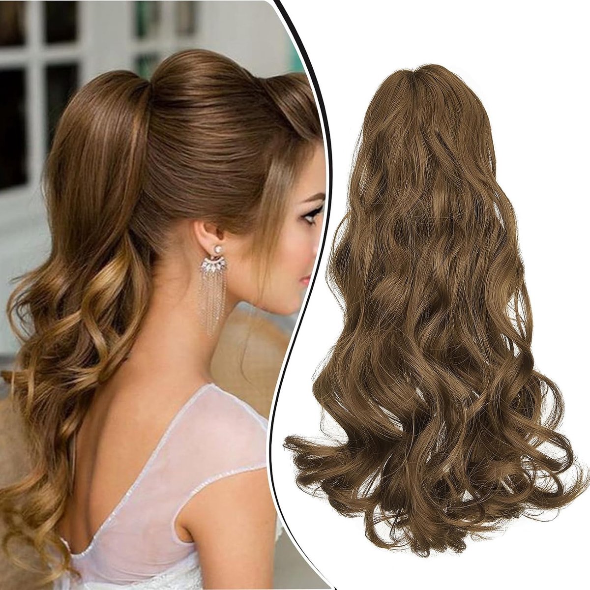 45cm Paardenstaart Haarstuk Vlecht Verlenging Klauw Golvende Lange Paardenstaart Extensies Haarverlenging Synthetische Clip in Ponytail Haarextensies 150g, Asbruin