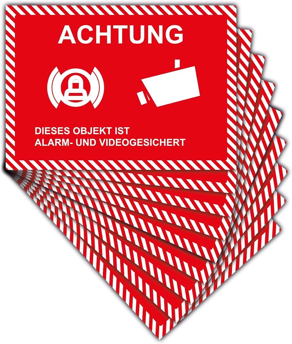10 stuks Let op: dit object is alarm en videobeveiligd, premium stickers, dit gebied wordt videobewaakt in A4, 21 x 29,7 cm sticker met uv-bescherming voor binnen en buiten