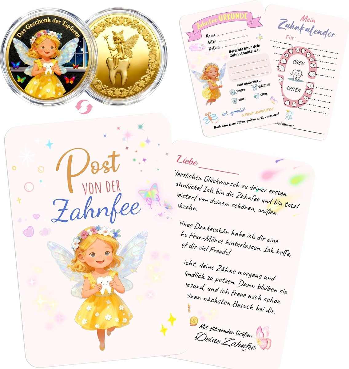 Tandfee cadeau voor kinderen, gouden geluksmunt met tandenfee brief + tandprotocol + tandfee-certificaat + envelop + garenzak, tandenfee munten, cadeauset voor meisjes en jongens